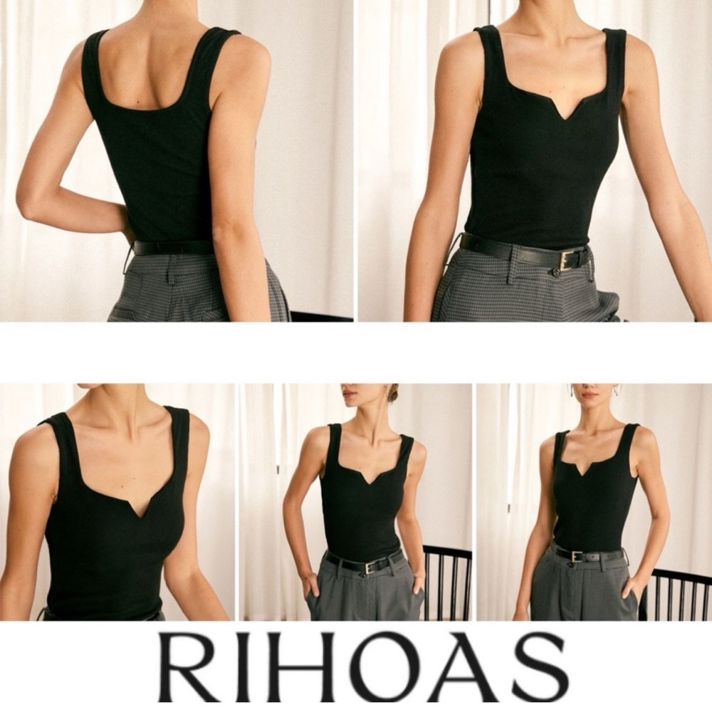 ♟️ Black V Neck Ribbed Knit Tank Top with Lined Bust Area | Rihoas | Size Large